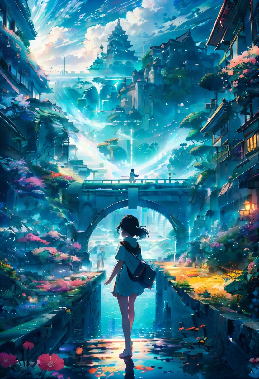 anime key visual, Masterpiece landscapes,A girl, From the city of Atlantis, complex background, foggy condition, cyberdelic, flowering light, Macro lens, Color style, "surrounded by clouds，Beautiful fluid image，Delicately painted landscapes，Light clouds float on the surface of the water.，It&#39;s like a fairyland。The misty light penetrates the clouds.，Impressive light and shadow effects are reflected.。In the photo there is a sea of clouds.，The landscape ahead is fascinating