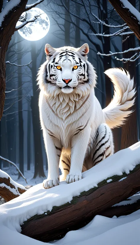 a giant tiger emerges from deep within an ancient forest, nine tails that spread out gracefully like fans. sharp golden eyes shi...