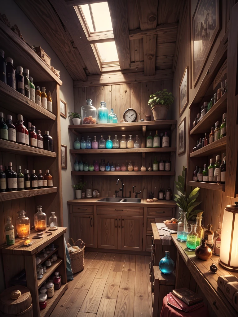 An alchemist laboratory full of magic 薬s and alchemist ingredientes, magic 薬, 薬,アクセサリーを飾る, 原宿ファッションスタイル,薬/香水瓶, 画面, 傑作, 鮮やかな色彩 