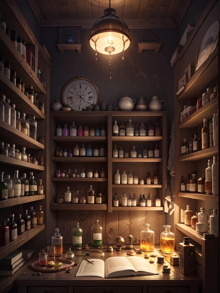 An alchemist laboratory full of magic 薬s and alchemist ingredientes, magic 薬, 薬,アクセサリーを飾る, 原宿ファッションスタイル,薬/香水瓶, 画面, 傑作, 鮮やかな色彩 