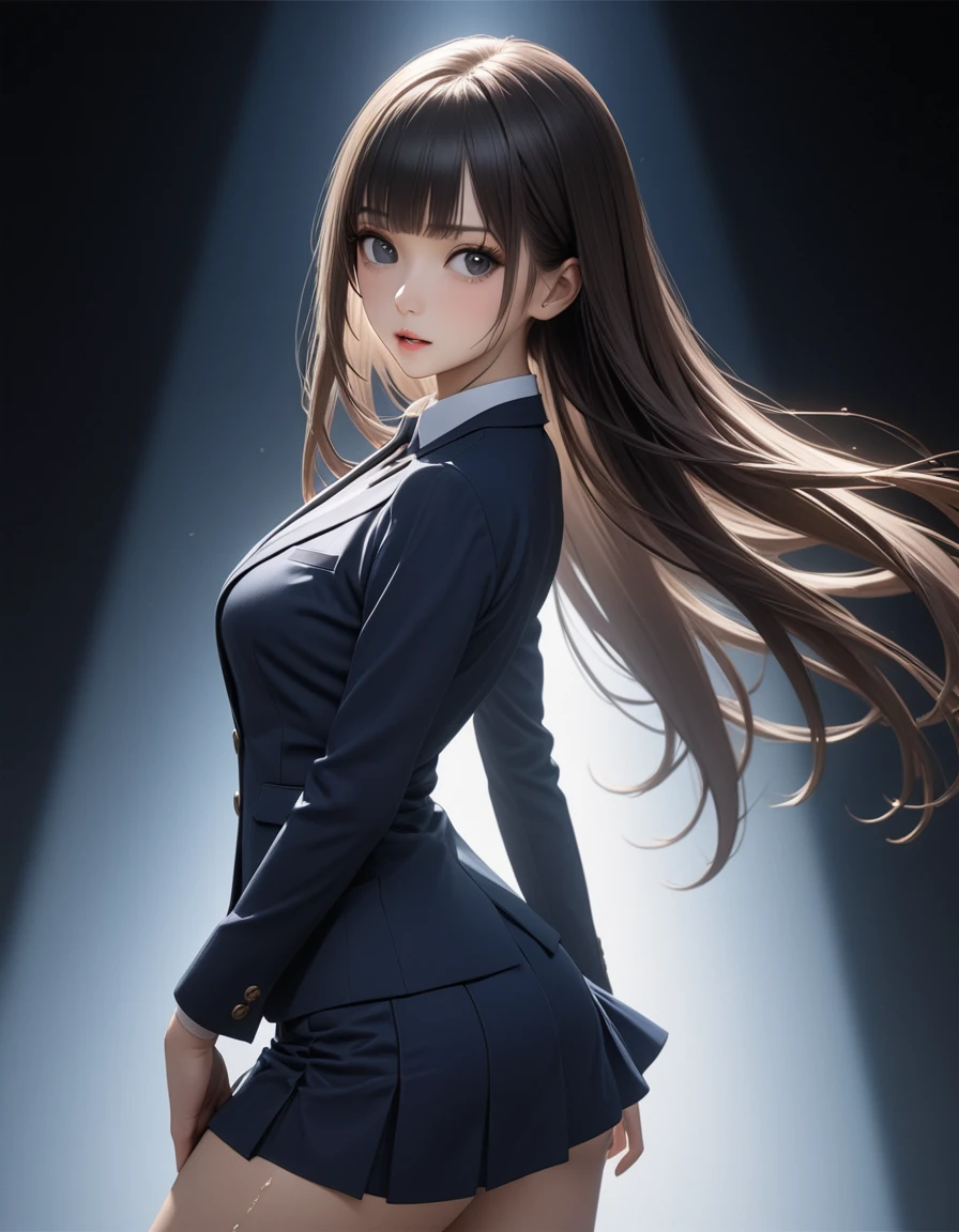 best quality, masterpiece, high resolution,cowboy shot,1woman,25 year old beauty,black hair,long hair,blunt bangs,black eyes,gorgeous eyes,、Dark blue blazer jacket,Navy blue mini skirt、medium breasts, skinny,slender body,lifelike,Side lighting,  (oily skin:1.2), 8K Ultra HD, Soft Light, high quality, Volumetric Lighting,photography, high resolution, 8K,