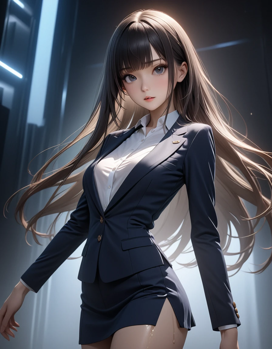 best quality, masterpiece, high resolution,cowboy shot,1woman,25 year old beauty,black hair,long hair,blunt bangs,black eyes,gorgeous eyes,、Dark blue blazer jacket,Navy blue mini skirt、medium breasts, skinny,slender body,lifelike,Side lighting,  (oily skin:1.2), 8K Ultra HD, Soft Light, high quality, Volumetric Lighting,photography, high resolution, 8K,