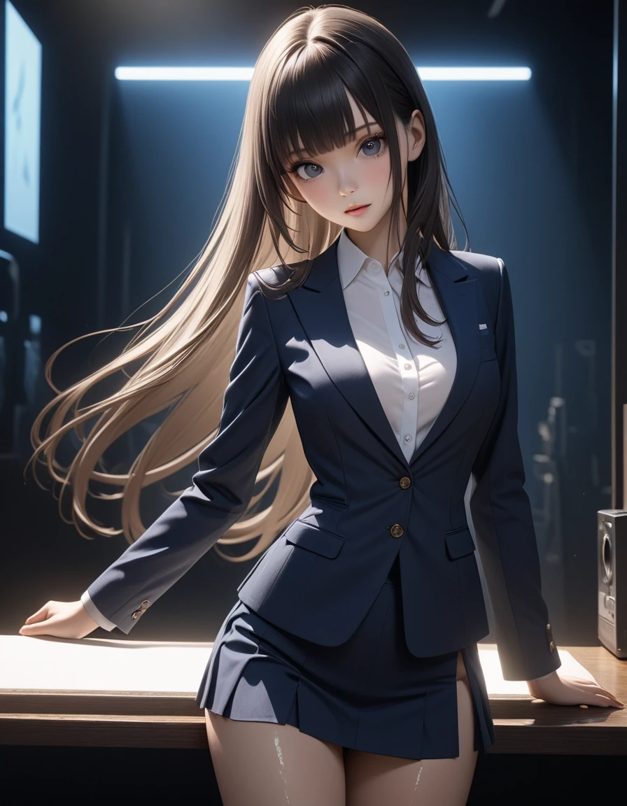 best quality, masterpiece, high resolution,cowboy shot,1woman,25 year old beauty,black hair,long hair,blunt bangs,black eyes,gorgeous eyes,、Dark blue blazer jacket,Navy blue mini skirt、medium breasts, skinny,slender body,lifelike,Side lighting,  (oily skin:1.2), 8K Ultra HD, Soft Light, high quality, Volumetric Lighting,photography, high resolution, 8K,