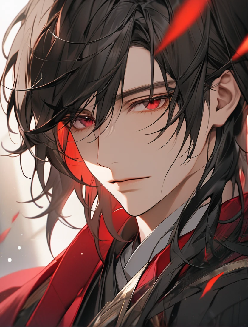 (Black_Hair), (red_ruby_eyes), (Handsome), (attractive), (perfect_face), (male), (close_up_shot), (detailed_eyes), (detailed_hair), (clean_hair), (expressionless), (vertical_pupils), (peaceful_atmosphere), (nice_jawline)