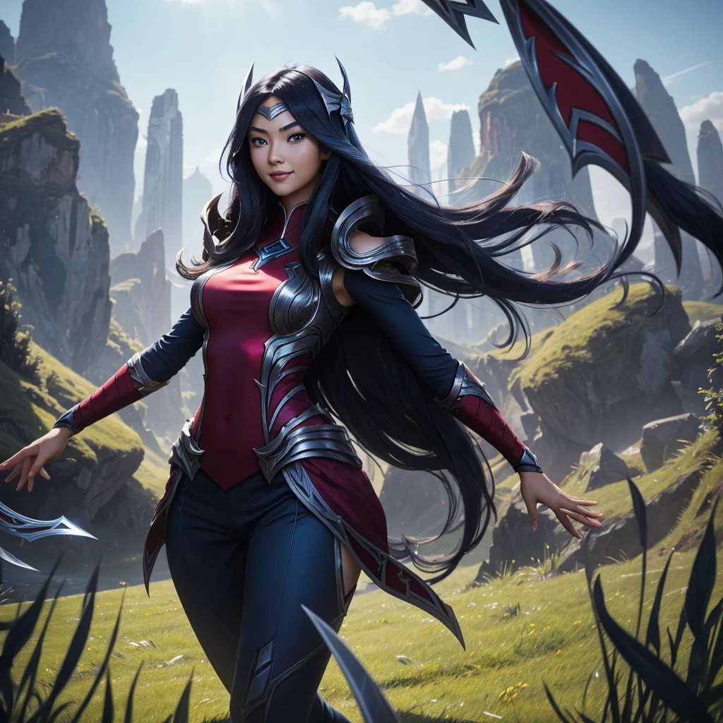 irelia from league of legends, a beautiful 24 years old woman, asian girl, dark blue long hair, blue eyes, fit body, she controls blades in the air, smiling face, detailed photograph, 8k, uhd, high quality photo, bright day, grassland background, sexy girl, perfect body, perfect face