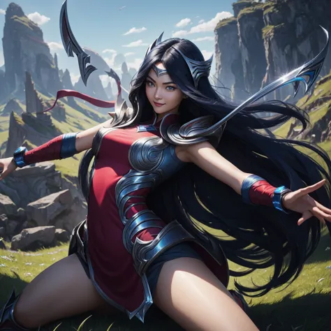 irelia from league of legends, a beautiful 24 years old woman, asian girl, dark blue long hair, blue eyes, fit body, she control...