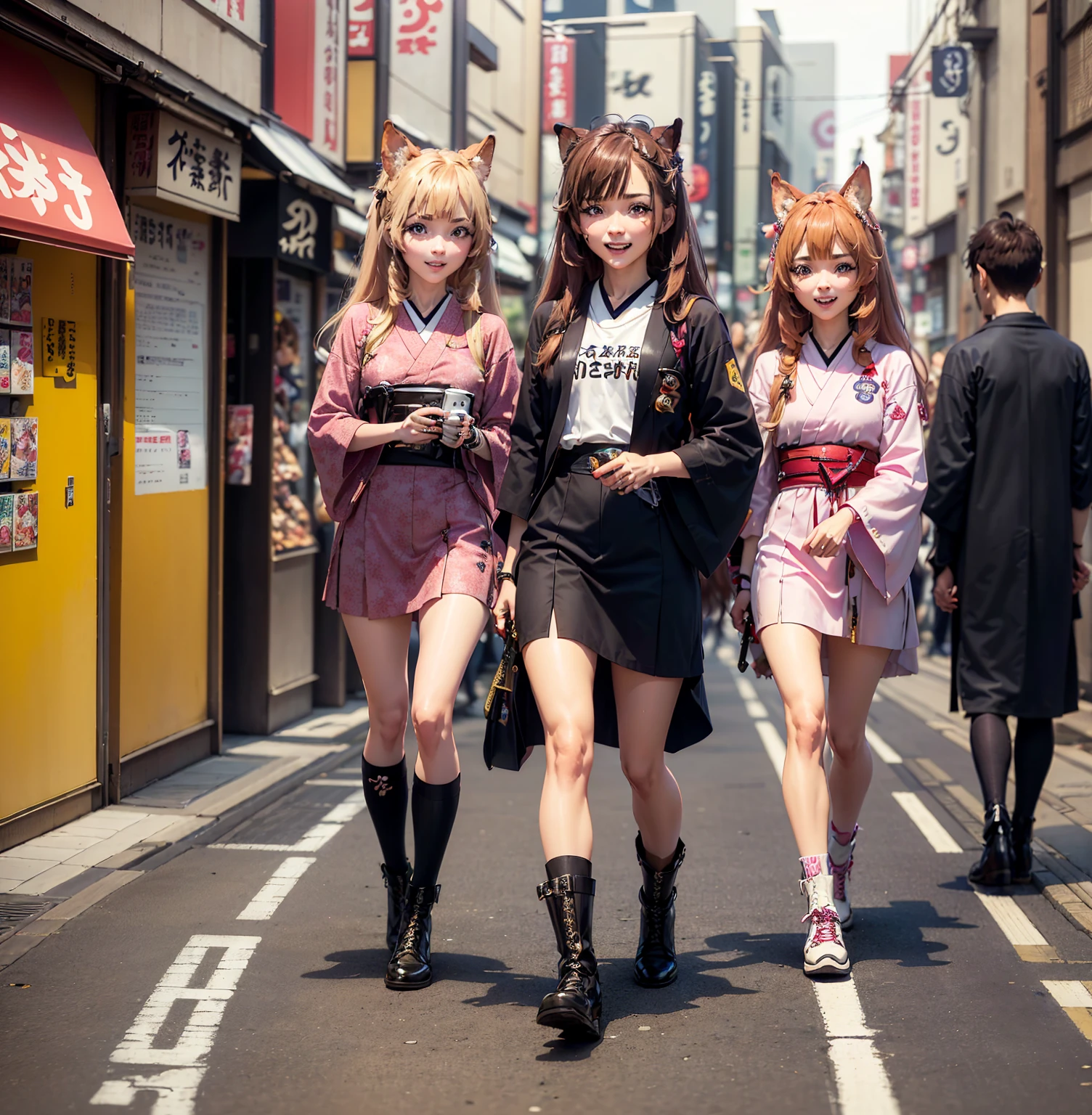 Brahmaestra, Raphtalia, Brown Hair, Animal ears, Red eyes,(Smiled face 1.8)(Smiling Face Eyes 1.8)Happy Face、Happy face、Dynamic pose、Put on your boots(Look at this:1.5)(Full Body Shot:1.2)(Harajuku Takeshita Street:1.5), Full body photo, convenience store,自転car、car、Super Cub、Passersby、(Distant view of modern Japanese cities:1.5)、(Move up by one&#39;Long sword:1.8),(Assault rifle,Hold horizontally:1.8)