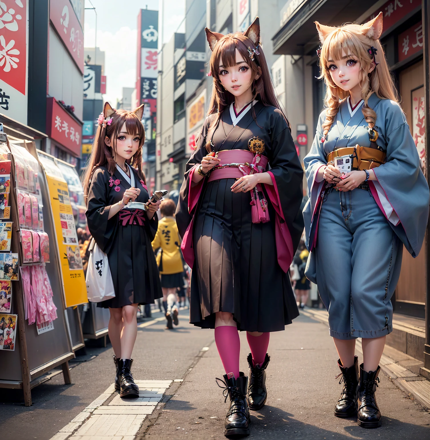 Brahmaestra, Raphtalia, Brown Hair, Animal ears, Red eyes,(Smiled face 1.8)(Smiling Face Eyes 1.8)Happy Face、Happy face、Dynamic pose、Put on your boots(Look at this:1.5)(Full Body Shot:1.2)(Harajuku Takeshita Street:1.5), Full body photo, convenience store,自転car、car、Super Cub、Passersby、(Distant view of modern Japanese cities:1.5)、(Move up by one&#39;Long sword:1.8),(Assault rifle,Hold horizontally:1.8)