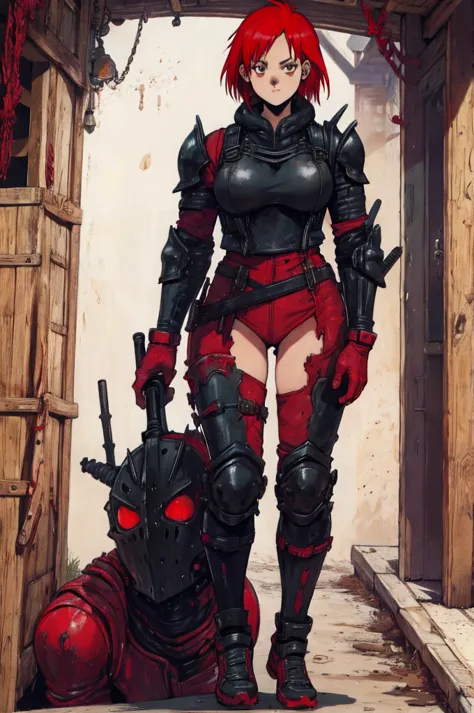 Dorohedoro Style, sexy young girl with short red hair in heavy black knight's armor, a girl holding a sword