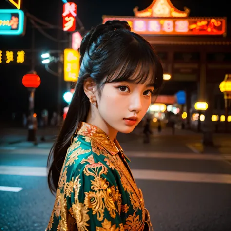 a beautiful girl, detailed eyes and lips, standing alone on the middle of a street in Thailand's Chinatown, 1girl, high contrast...