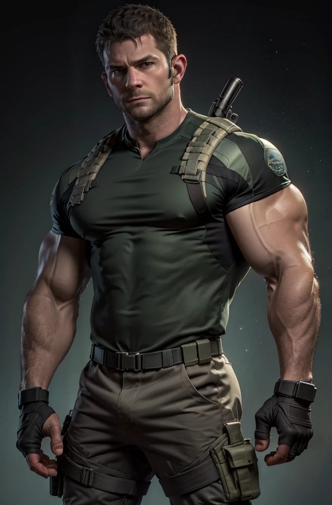 1人, 獨自的, 35岁, 克里斯·雷德菲爾德, 穿著綠色T卹, 嚴肅的臉, 看著相機, 肩白，肩部有 bsaa 标志, 军事战术, 裝置, (2手拿手槍), 又高又壯, 二头肌, 腹肌, 胸部, 最好的品質, 傑作, 高解析度:1.2, 上身照, 漆黑的走廊，无背景