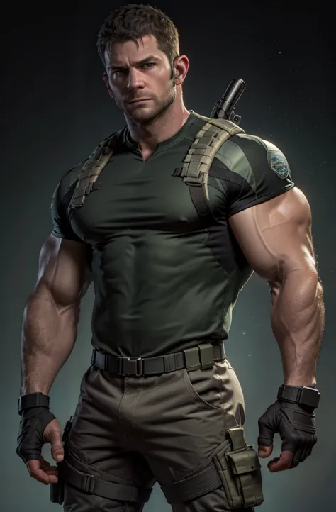 1 person, alone, 35 years old, chris redfield, Wearing a green T-shirt, serious face, looking at camera, Shoulder White，bsaa log...