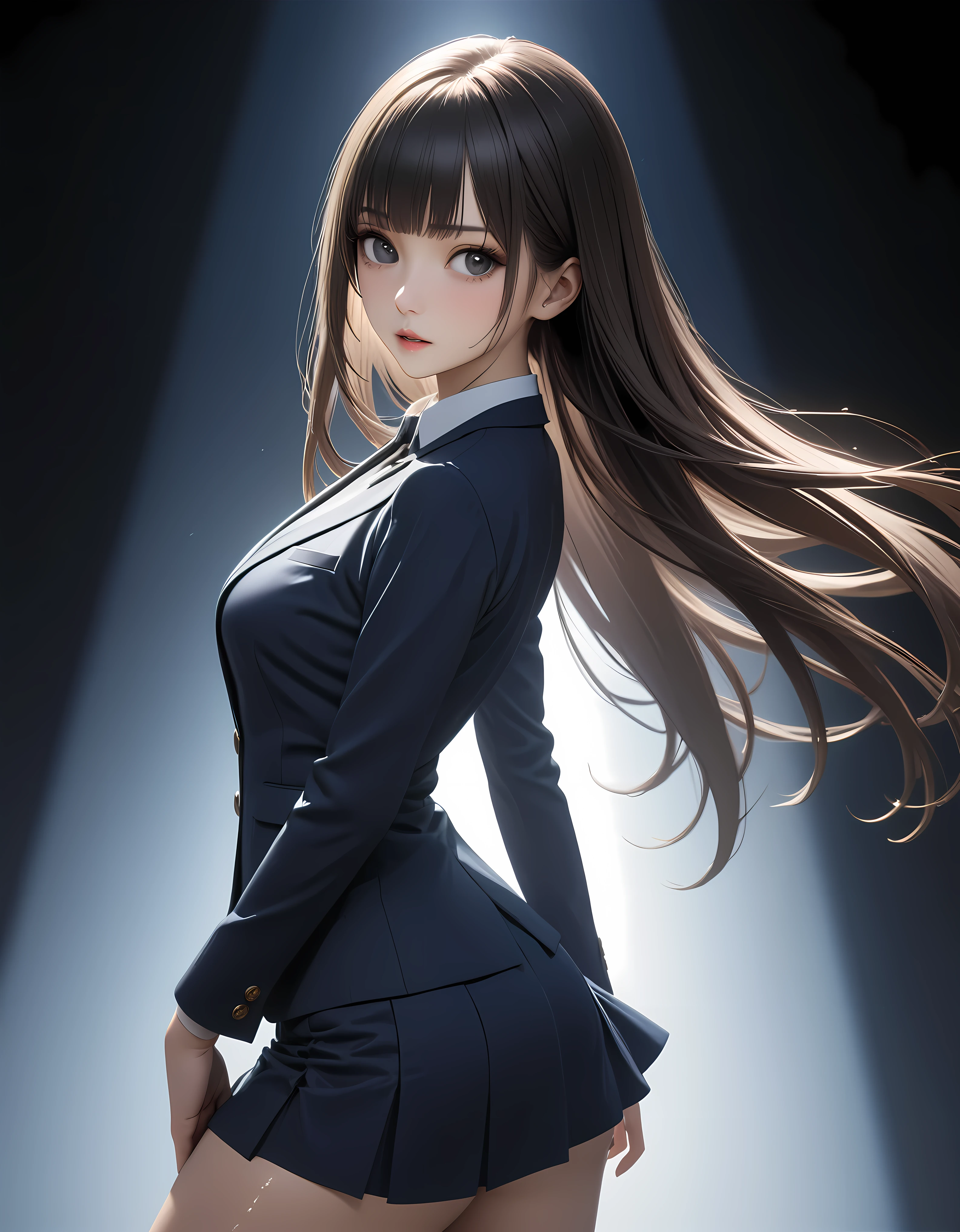 best quality, masterpiece, high resolution,cowboy shot,1woman,25 year old beauty,black hair,long hair,blunt bangs,black eyes,gorgeous eyes,、Dark blue blazer jacket,Navy blue mini skirt、medium breasts, skinny,slender body,lifelike,Side lighting,  (oily skin:1.2), 8K Ultra HD, Soft Light, high quality, Volumetric Lighting,photography, high resolution, 8K,