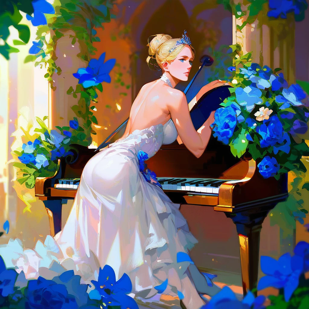 (score_9,score_8_up,score_7_up,) woman in fancy dress leaning over an upright grand piano at dusk with flowers around, 1girl, dress, solo, instrument, flower, high heels, sitting, tiara, white dress, blue eyes, blue flower, blonde hair, hair bun, Expressiveh, negative_hand, [[gwentstyle]], moon
