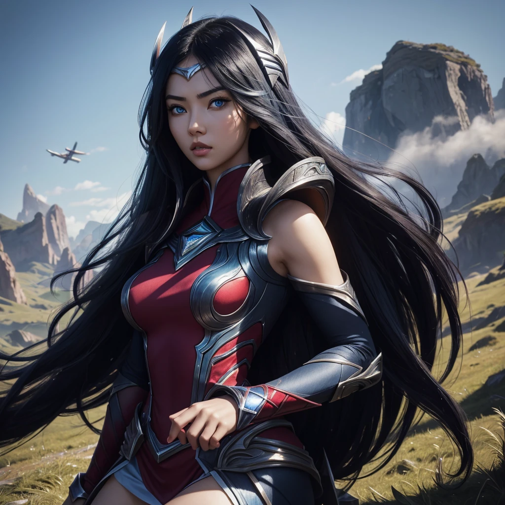 irelia from league of legends, a beautiful 24 years old woman, asian girl, dark blue long hair, blue eyes, fit body, she controls blades in the air, serious face, detailed photograph, 8k, uhd, high quality photo, bright day, grassland background, sexy girl, perfect body, perfect face, very big eyes, detailed face, detailed hands, detailed eyes, high detailed photograph, 16k, perfect woman face