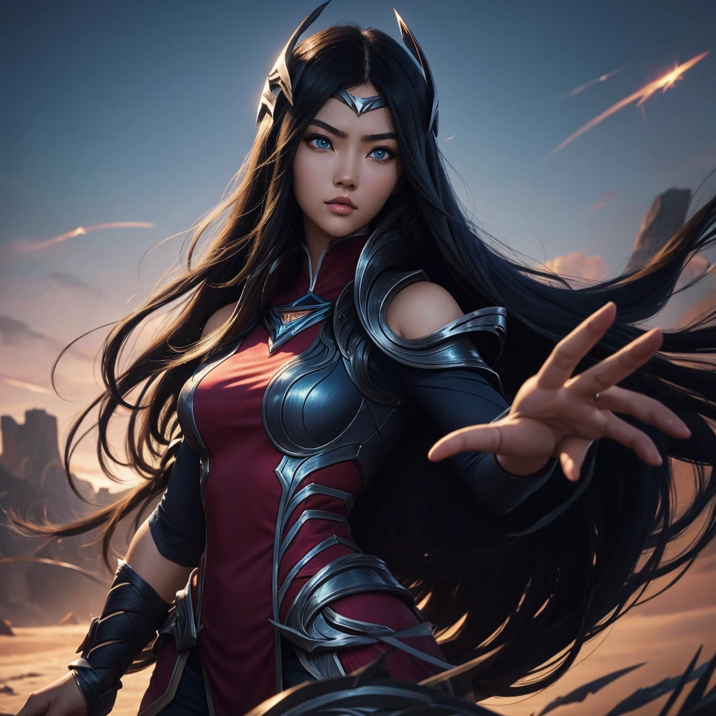 irelia from league of legends, a beautiful 24 years old woman, asian girl, dark blue long hair, blue eyes, fit body, she controls blades in the air, serious face, detailed photograph, 8k, uhd, high quality photo, bright day, grassland background, sexy girl, perfect body, perfect face, very big eyes, detailed face, detailed hands, detailed eyes, high detailed photograph, 16k, perfect woman face