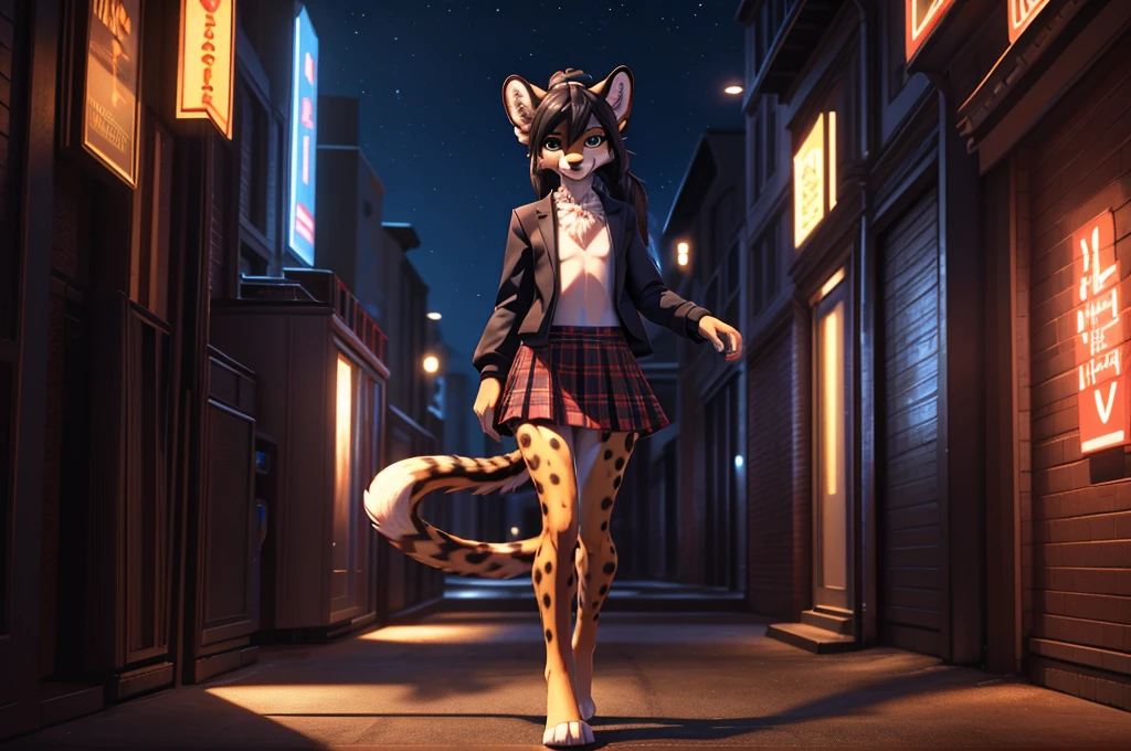 beautiful, (masterpiece), high quality, Highly detailed CG Unity 8k wallpaper, High resolution, perfect lighting, youthful, adolescent, tall, slim, skinny, frail slender figure, slim legs, medium breasts, anthropomorphic furry ocelot character, distinctly feminine figure, narrow hips, long legs, thick, fluffy, volumetric fur, with plaid skirt and navy blazer, cinematic high fidelity 3D CAD Model style, golden fur with black spots, black hair in a high ponytail