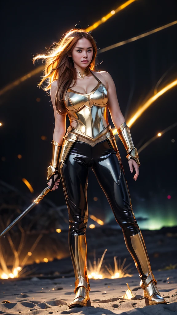 ((best quality)), ((masterpiece)), (ultra detailed lights), ((full body shot)), ((skinny body)), 1girl, extremely beautiful, ((slim body)), thighs gap, ultra face details, 20 years old, ((orange curvy-hair)), ((hair blown by strong winds :1.3)), Award-winning photograph, ((symmetrical pose)), teen goddess with (golden sword) in ((full body golden black steel-armor)) are in the middle of battlefield, posing in the middle, intricate details, ((thight golden armour)), ((extremely details armor)), ((tight latex pants)), ((24k-gold armor)), ((edge luminous armor)), cameltoe, luminescent, epic lights reflections, she is posing with ((Athena's golden bow)), at beach, full of stars, orange clouds, nebula sky, epic aurora borealis in the background, shooting stars, ((from below))