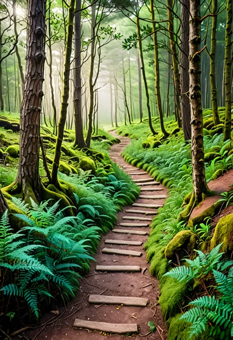 picture of small path in the forest leading to distant holy and magical forest