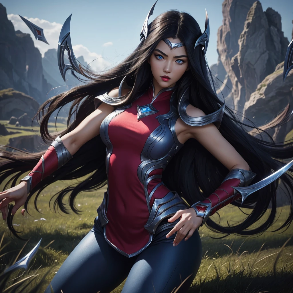 irelia from league of legends, a beautiful 24 years old woman, asian girl, dark blue long hair, blue eyes, fit body, she controls blades in the air, serious face, detailed photograph, 8k, uhd, high quality photo, bright day, grassland background, sexy girl, perfect body, perfect face, very big eyes, detailed face, detailed hands, detailed eyes, high detailed photograph, 16k, perfect woman face, big eyes, big blue eyes, big red lips, fit body, perfect body