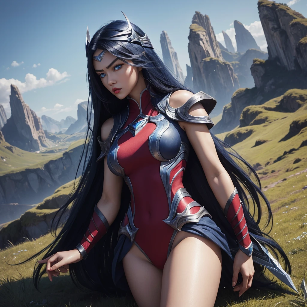 irelia from league of legends, a beautiful 24 years old woman, asian girl, dark blue long hair, blue eyes, fit body, she controls blades in the air, serious face, detailed photograph, 8k, uhd, high quality photo, bright day, grassland background, sexy girl, perfect body, perfect face, very big eyes, detailed face, detailed hands, detailed eyes, high detailed photograph, 16k, perfect woman face, big eyes, big blue eyes, big red lips, fit body, perfect body