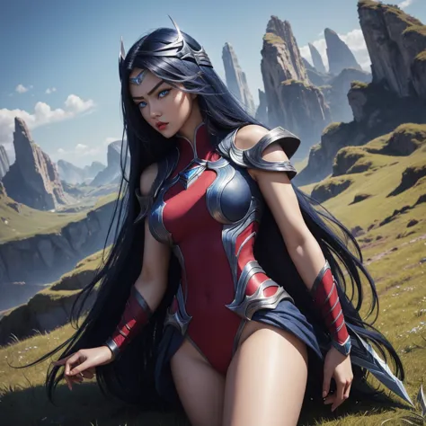 irelia from league of legends, a beautiful 24 years old woman, asian girl, dark blue long hair, blue eyes, fit body, she control...