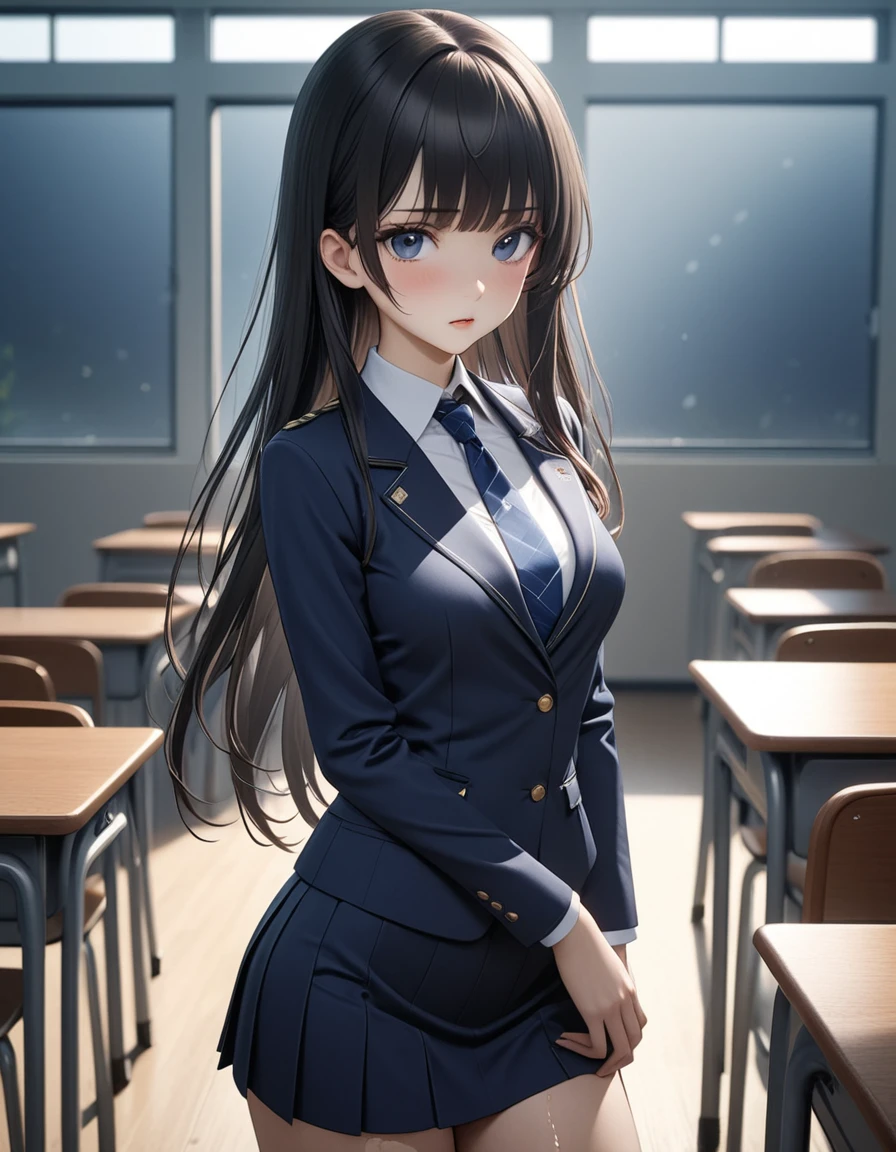 2.5d anime,best quality, masterpiece, high resolution,cowboy shot,1woman,25 year old beauty,black hair,long hair,blunt bangs,black eyes,gorgeous eyes,shy,Academy服、Navy blue tie、Dark blue blazer jacket,Navy blue mini skirt、medium breasts, skinny,slender body,lifelike,Side lighting,  (oily skin:1.2), 8K Ultra HD, Soft Light, high quality,photography, high resolution, 8K,classroom、Academy、