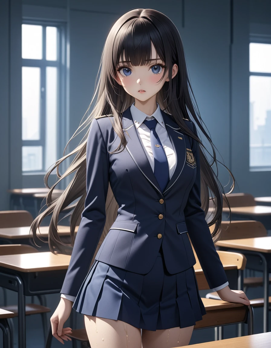 2.5d anime,best quality, masterpiece, high resolution,cowboy shot,1woman,25 year old beauty,black hair,long hair,blunt bangs,black eyes,gorgeous eyes,shy,Academy服、Navy blue tie、Dark blue blazer jacket,Navy blue mini skirt、medium breasts, skinny,slender body,lifelike,Side lighting,  (oily skin:1.2), 8K Ultra HD, Soft Light, high quality,photography, high resolution, 8K,classroom、Academy、