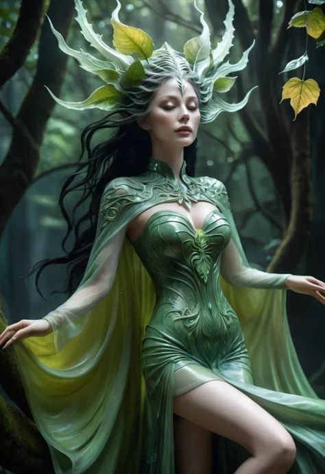 a wood goddess, pale green skin, floating around in ghostly intricate flowing leafy cape, Hans Ruedi Giger style, fantasy, art n...