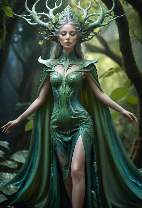 a wood goddess, pale green skin, floating around in ghostly intricate flowing leafy cape, Hans Ruedi Giger style, fantasy, art n...