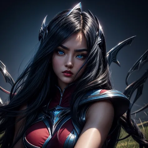 irelia from league of legends, a beautiful 24 years old woman, asian girl, dark blue long hair, blue eyes, fit body, she control...