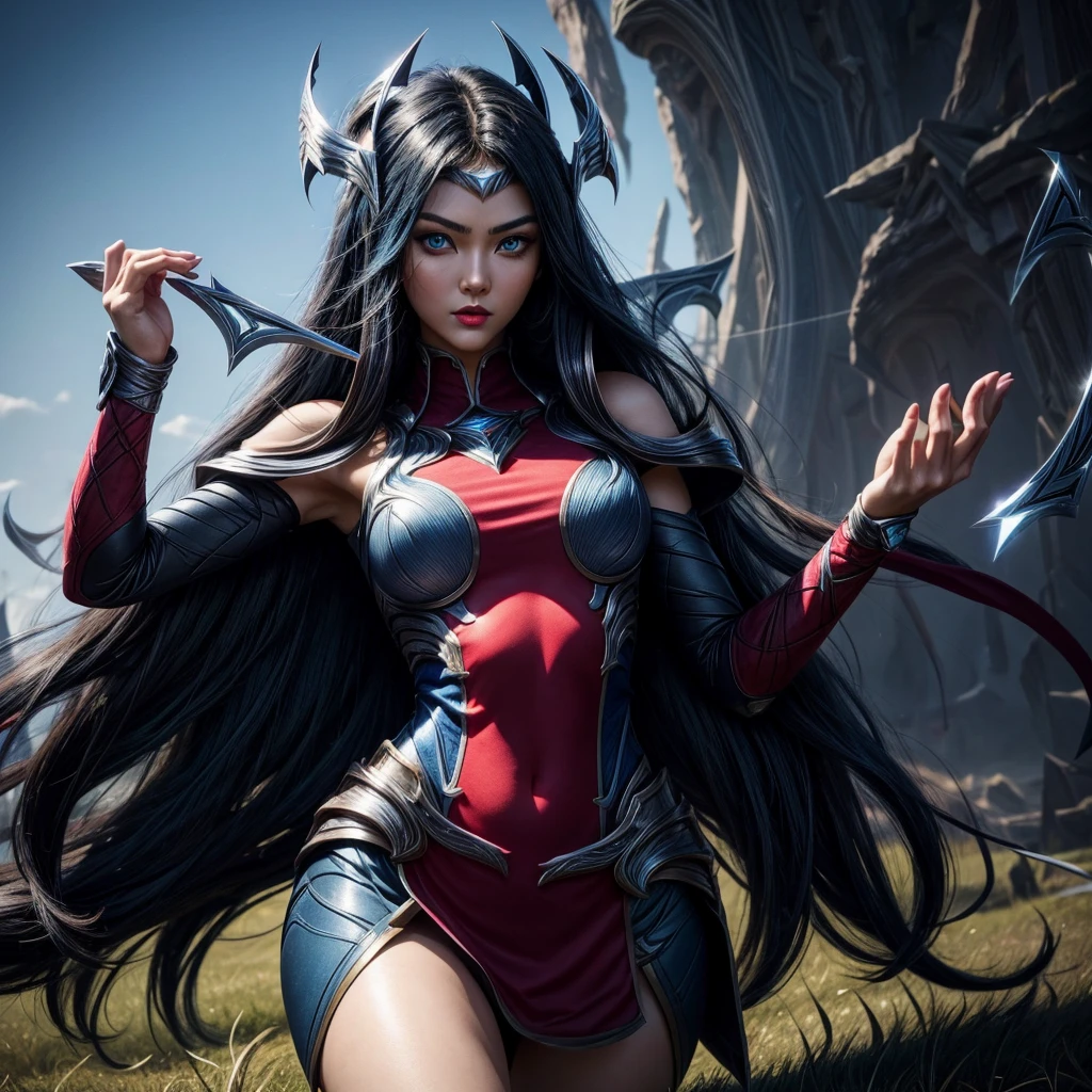 irelia from league of legends, a beautiful 24 years old woman, asian girl, dark blue long hair, blue eyes, fit body, she controls blades in the air, serious face, detailed photograph, 8k, uhd, high quality photo, bright day, grassland background, sexy girl, perfect body, perfect face, very big eyes, detailed face, detailed hands, detailed eyes, high detailed photograph, 16k, perfect woman face, big eyes, big blue eyes, big red lips, fit body, perfect body