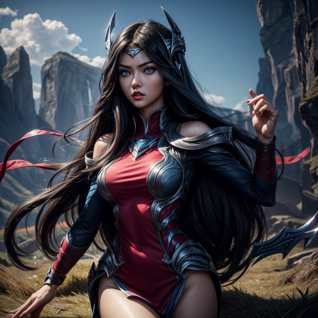 irelia from league of legends, a beautiful 24 years old woman, asian girl, dark blue long hair, blue eyes, fit body, she controls blades in the air, serious face, detailed photograph, 8k, uhd, high quality photo, bright day, grassland background, sexy girl, perfect body, perfect face, very big eyes, detailed face, detailed hands, detailed eyes, high detailed photograph, 16k, perfect woman face, big eyes, big blue eyes, big red lips, fit body, perfect body