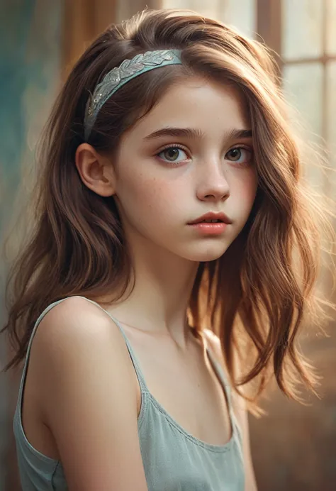 (Cinematic photo:1.3) From (Thigh-length photos:1.3),(skinny:1.3) Beautiful 12 year old girl, (complex brown hair), highly detai...