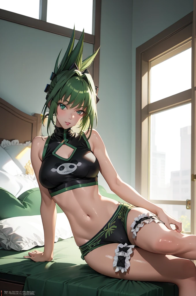 masterpiece, best quality, 1girl, solo, green hair, folded ponytail, green eyes, tao jun, large breasts, room, bra, thong, navel, lingerie