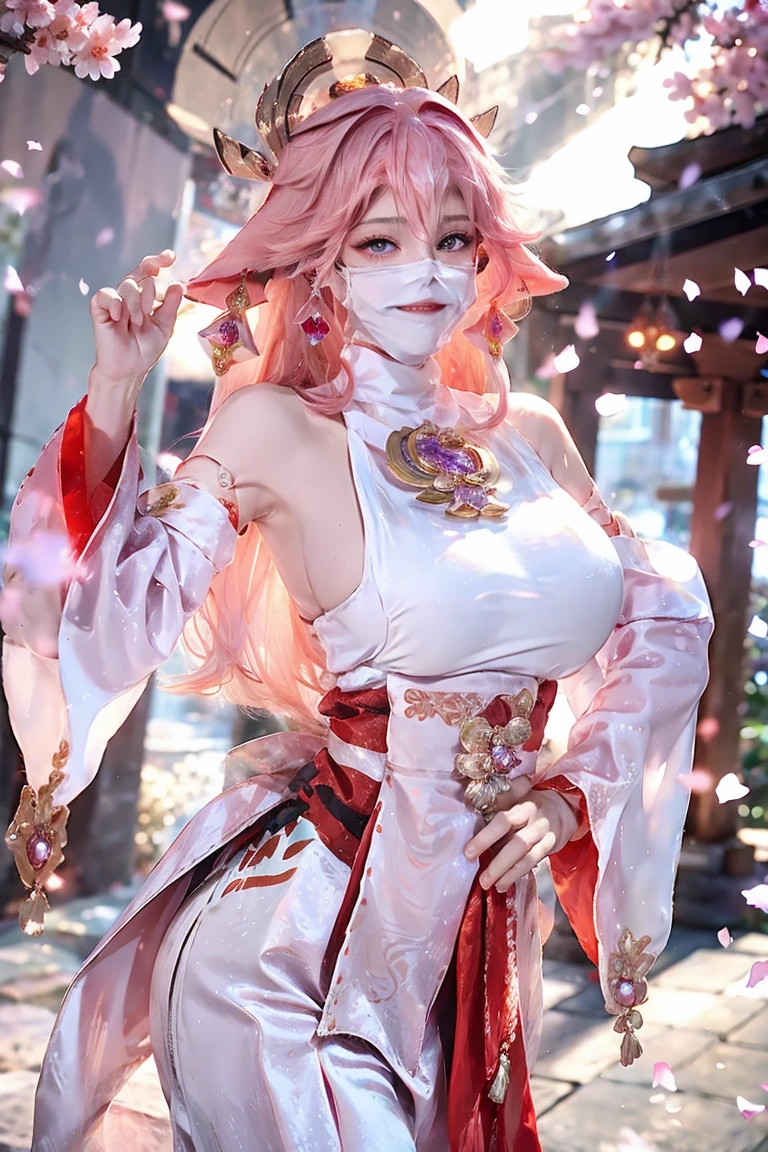 (Extreme Detail CG Unity 8K wallpaper, masterpiece, highest quality), (ulzzang-6500-v1.1:0.4) 1girl, kpop idol, yae miko, detached sleeves, pink hair, long hair, best quality, (photorealistic:1.2), (hair ornament:1.35), jewelry, fox ears, wearing face veil, (white face veil, silk mask veil:1.2), purple eyes, earrings, (very huge round breasts, big breasts: 1.2), torii, cherry blossoms, lantern light, depth of field, detailed face, face focus, (looking at viewer:1.25), shiny skin, long sleeves, cowboy shot, dynamic pose, (perfect proportions, elegant posture, sexypose:1.3), game cg, thigh highs, east asian architecture, blurry background, full body, focused expression, outdoor shrine setting, fantasy style,
