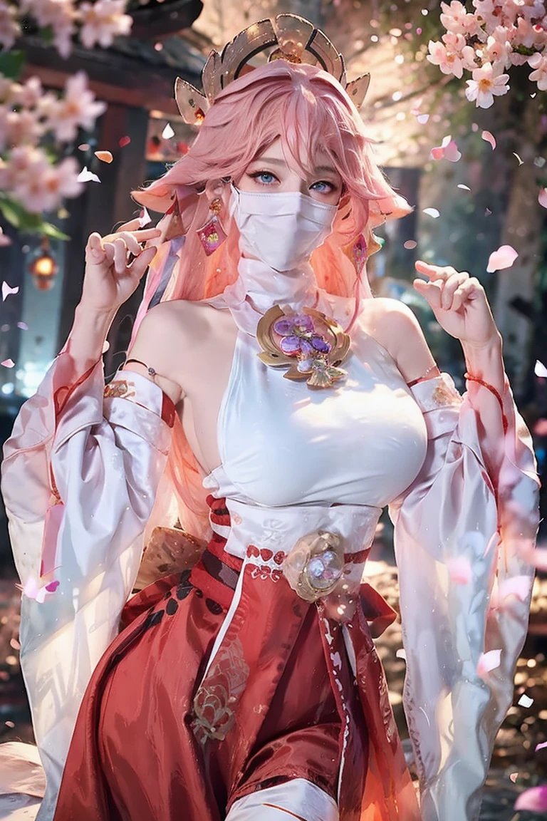 (Extreme Detail CG Unity 8K wallpaper, masterpiece, highest quality), (ulzzang-6500-v1.1:0.4) 1girl, kpop idol, yae miko, detached sleeves, pink hair, long hair, best quality, (photorealistic:1.2), (hair ornament:1.35), jewelry, fox ears, wearing face veil, (white face veil, silk mask veil:1.2), purple eyes, earrings, (very huge round breasts, big breasts: 1.2), torii, cherry blossoms, lantern light, depth of field, detailed face, face focus, (looking at viewer:1.25), shiny skin, long sleeves, cowboy shot, dynamic pose, (perfect proportions, elegant posture, sexypose:1.3), game cg, thigh highs, east asian architecture, blurry background, full body, focused expression, outdoor shrine setting, fantasy style,