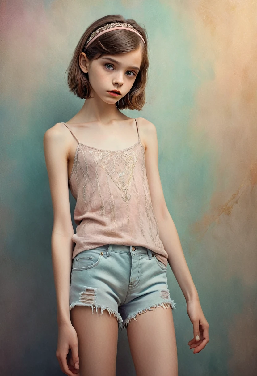 (Cinematic photo:1.3) From (Thigh-length photos:1.3),(skinny:1.3) Beautiful 12 year old girl, (complex brown hair), Highly detailed texture кожи, realistic texture кожи, looks straight into the camera, (looks at the viewer) ), pout, , Shine, Dramatic, Dreamy, pastelный цветочный сад, elegant, strange, gentle, Highly detailed, difficult, UHD Digital Photography, Fantasy theme, skinny shoulders, Photo to the knees , beautiful young girl, big, Beautiful body, highly detailed full-length shot, Dreamy, pastel, watercolor, strange, gentle, detailed hair band, Highly detailed texture, realistic texture, digital painting, highly detailed photo, (art deco: 1 .хFromоралFromм:1.3),(Classic realotm:1.3),(Fujifilm Superia:1.3),, golden hour light,