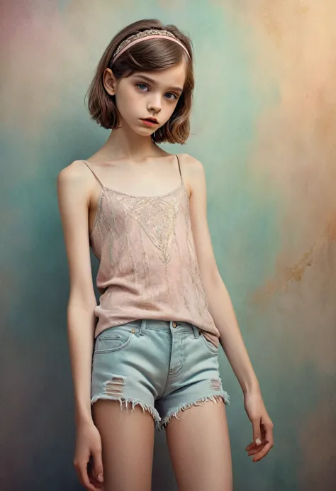 (cinematic photo:1.3) from (thigh-length photos:1.3),(skinny:1.3) beautiful 12 year old girl, (complex brown hair), highly detai...