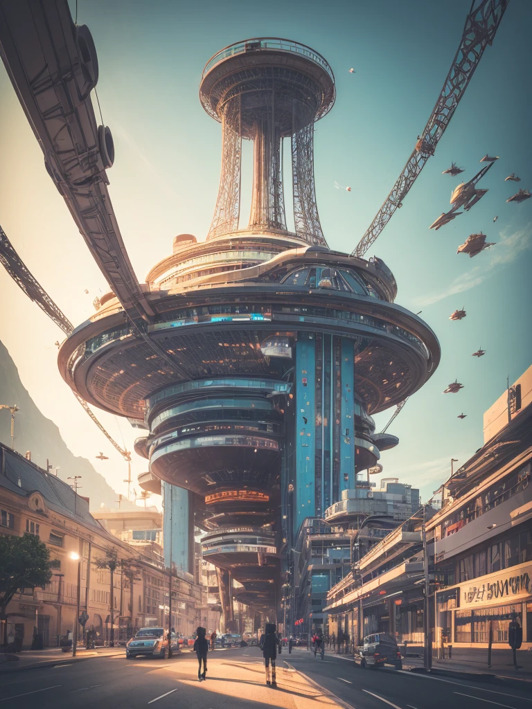 Un portail mystérieux menant à une ville futuriste dans un monde différent, rempli de gratte-ciel imposants et de technologies de pointe. Les bâtiments sont ornés de publicités holographiques et de néons. L&#39;air est rempli du bourdonnement des voitures volantes et des drones. Citoyens en tenue futuriste, y compris les androïdes et les cyborgs, parcourir les rues. Le ciel au-dessus est un éventail éblouissant de panneaux d&#39;affichage numériques et d&#39;affichages lumineux scintillants., projetant des reflets vibrants sur les surfaces élégantes ci-dessous. au loin, une tour centrale colossale constitue la plaque tournante du réseau avancé de la ville. Un réseau de passerelles aériennes et de passerelles flottantes relie différentes parties de la ville, avec des jets d&#39;eau circulant à travers des tubes transparents à côté. détails complexes, haute résolution, (réalisme de science-fiction:1.5), (chef-d&#39;œuvre:1.4), (Meilleure qualité:1.4), (netteté:1.3), (Couleurs vives:1.4), (Ambiance futuriste:1.3), (Style animé:1.2), (hyper détaillé:1.3), (Éléments photoréalistes:1.3).