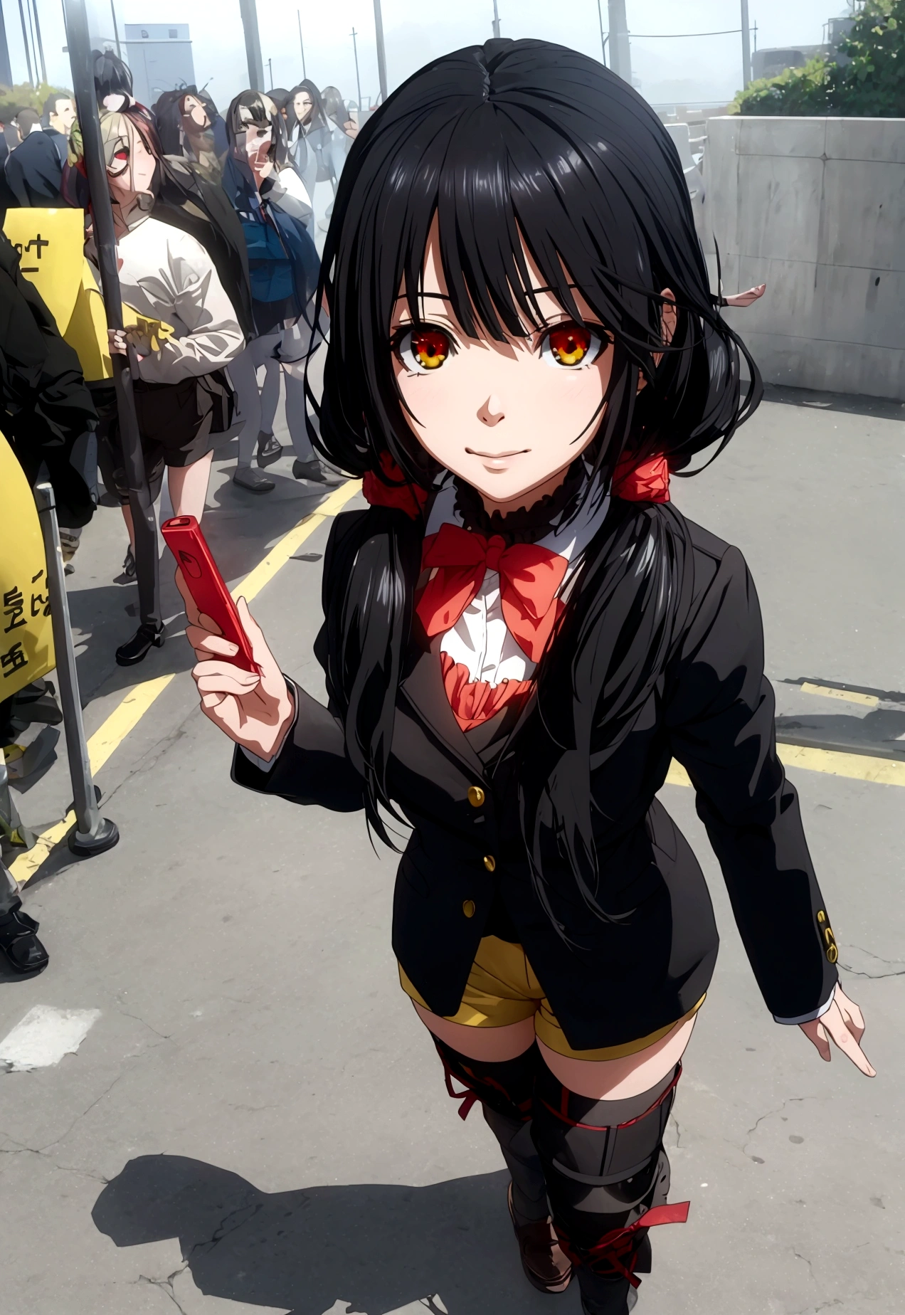 ultra-detailed,highly detailed,best quality,masterpiece,illustration,realistic, photo,photorealistic,
1girl, tokisaki kurumi,cosplay,hair over one eye, right red eye, left yellow eye, looking at viewer, happy girl,low twintails,
, hotpants, hair rings, loafers,
Outdoors, walking, station
