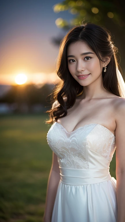 美麗的 25 歲女人。她穿著夏季婚紗. 在傍晚教堂的燈光照射下，她微笑著 . 浪漫的日落. 她的深棕色頭髮. 高解析度、傑作、最好的品質、頭w:1.0、((哈蘇照片))、皮膚細膩、(電影燈光)、鎖骨 . 全身照.