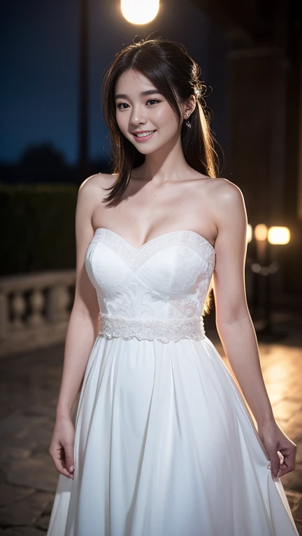 美麗的 25 歲女人。她穿著夏季婚紗. 在傍晚教堂的燈光照射下，她微笑著 . 浪漫的日落. 她的深棕色頭髮. 高解析度、傑作、最好的品質、頭w:1.0、((哈蘇照片))、皮膚細膩、(電影燈光)、鎖骨 . 全身照.