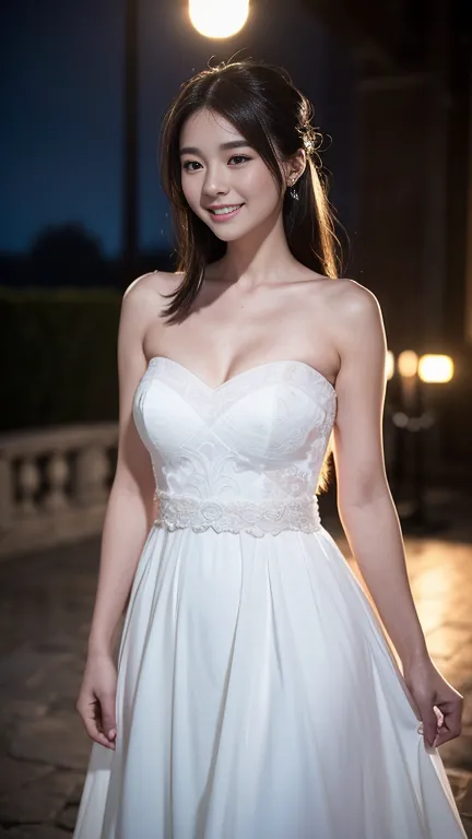 Beautiful 25 year old  woman。She is wearing a summer wedding dress. She is smiling on illuminated by the evening church lights ....