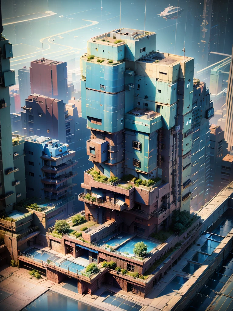 Isométrique,ville cyberpunk, grande ville, nuit, beaucoup de bâtiments, 