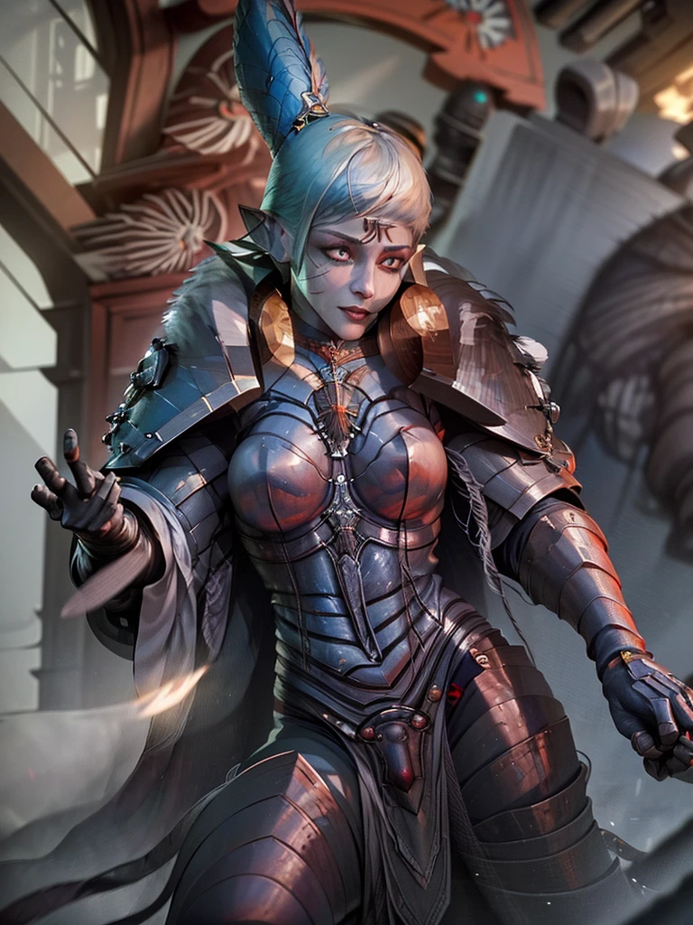 fantasy art, dnd art, RPG art, wide shot, (masterpiece: 1.4) a (portrait: 1.3) intense details, highly detailed, photorealistic, best quality, highres, portrait a vedalken female (fantasy art, Masterpiece, best quality: 1.3) ((blue skin: 1.5)), intense details facial details, exquisite beauty, (fantasy art, Masterpiece, best quality) cleric, (blue colored skin: 1.5) 1person blue_skin, blue skinned female, (white hair: 1.3), long hair, intense (green: 1.3) eye, fantasy art, Masterpiece, best quality) armed a fiery sword red fire, wearing heavy (white: 1.3) half plate mail armor, wearing high heeled laced boots, wearing an(orange :1.3) cloak, wearing glowing holy symbol GlowingRunes_yellow, within fantasy temple background, reflection light, high details, best quality, 16k, [ultra detailed], masterpiece, best quality, (extremely detailed), close up, ultra wide shot, photorealistic, RAW, fantasy art, dnd art, fantasy art, realistic art,((best quality)), ((masterpiece)), (detailed), perfect face, ((no ears: 1.6))
