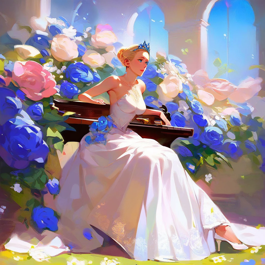 (score_9,score_8_up,score_7_up,) woman in fancy dress leaning over an upright grand piano at dusk with flowers around, 1girl, dress, solo, instrument, flower, high heels, sitting, tiara, white dress, blue eyes, blue flower, blonde hair, hair bun, Expressiveh, negative_hand, [[gwentstyle]], moon
