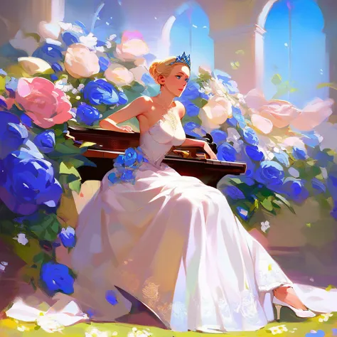 (score_9,score_8_up,score_7_up,) woman in fancy dress leaning over an upright grand piano at dusk with flowers around, 1girl, dr...