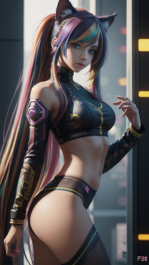 beautiful photorealistic photograph of a cyberpunk catgirl with long multicolor hair and swishing tail, ((Best quality)), ((masterpiece)), (detailed: 1.4), depth of field f/2.8,