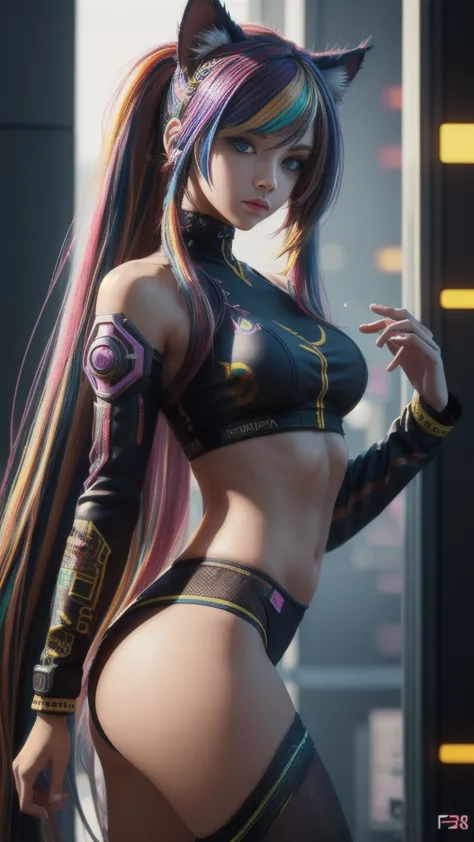 beautiful photorealistic photograph of a cyberpunk catgirl with long multicolor hair and swishing tail, ((Best quality)), ((mast...